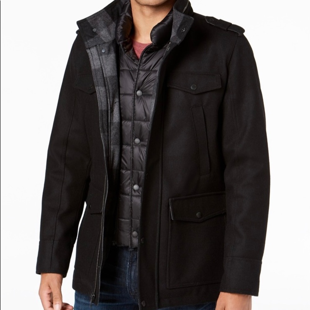 Guess Mens Military-Inspired Coat with Plaid Detail - Picture 1 of 12